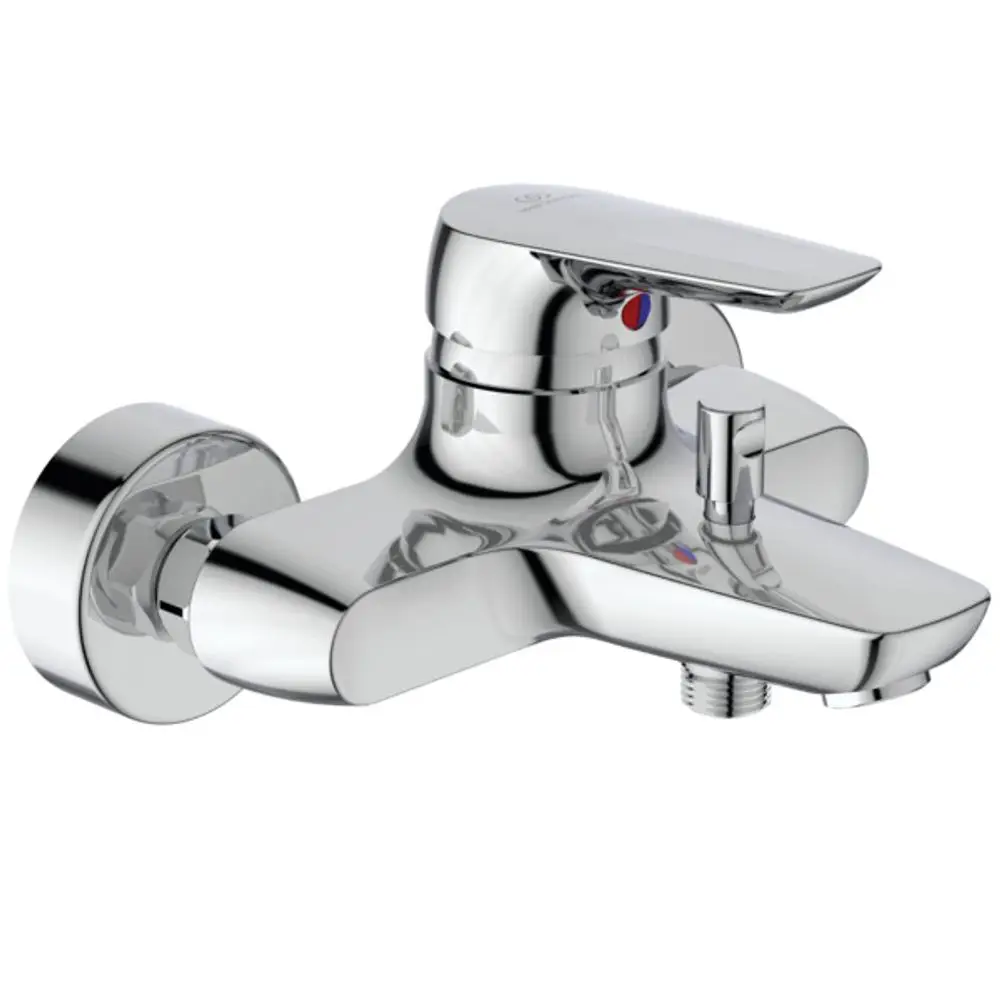 Chromene Badezimmerarmatur von Ideal Standard mit zwei Bedienelementen, montiert an der Wand. Eignet sich für die Steuerung von Wasserfluss und Temperatur.